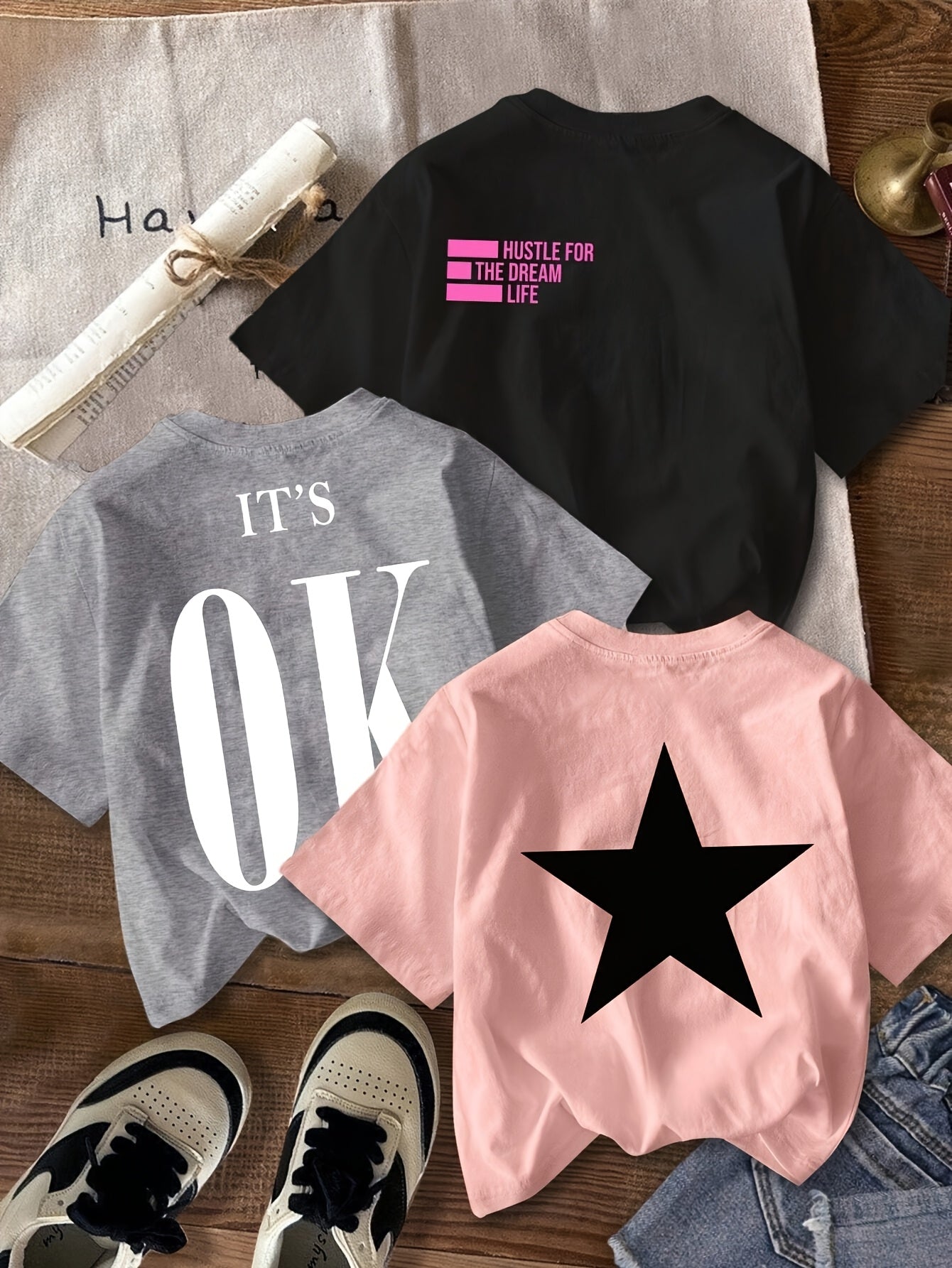 3pcsSet Casual Minimalist Pentagram & English Letter Print Round Neck Short Sleeve Cropped T-Shirt, Suitable for Summer